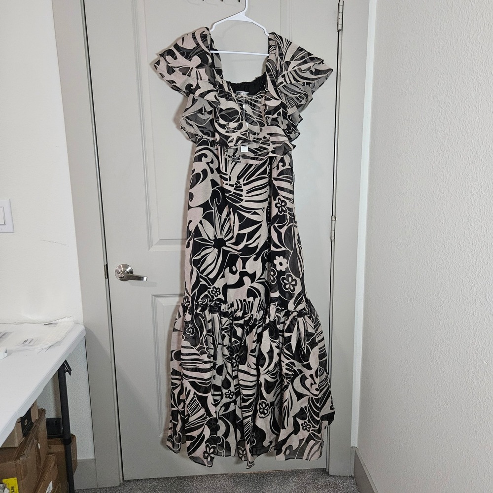 $598 NEW Trina Turk Flowery Dress XL Black Tan Floral Burnout Maxi Pls Read.